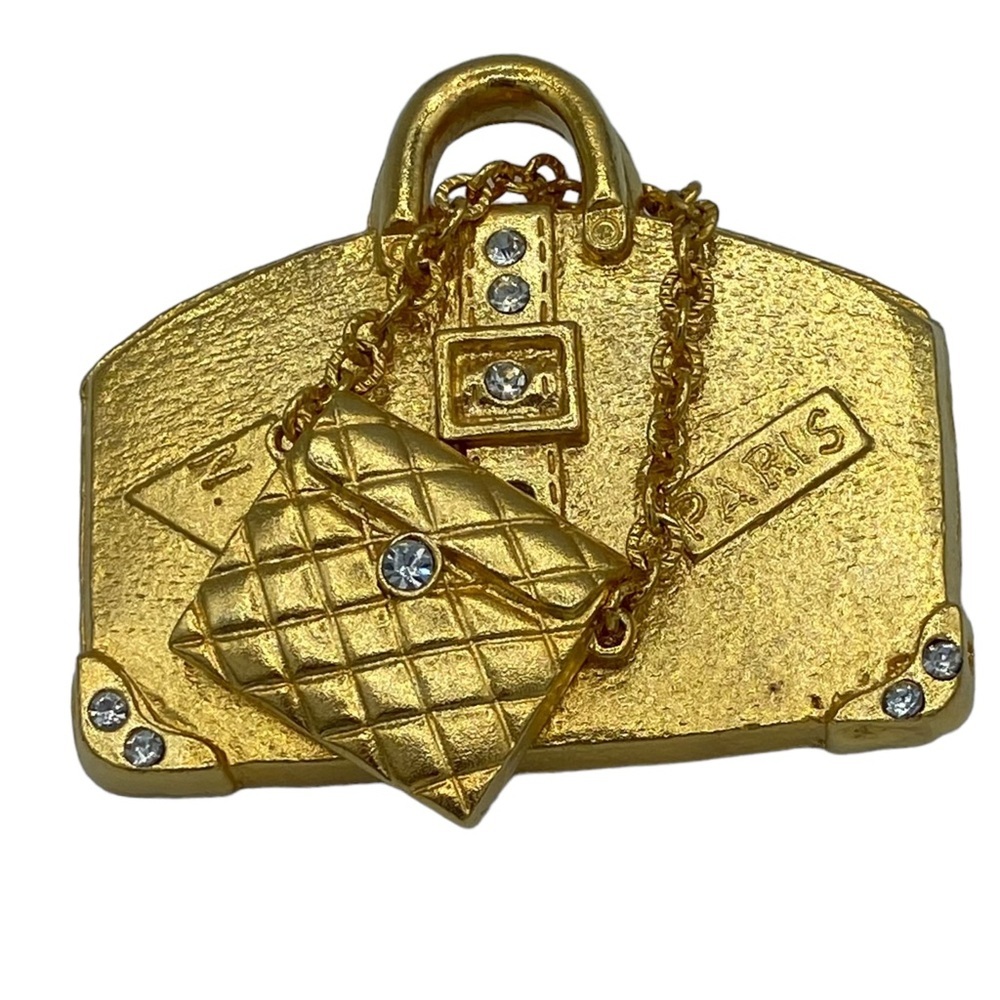 Vintage 80s 90s gold tone oversized brooch suitcase bag NY Paris